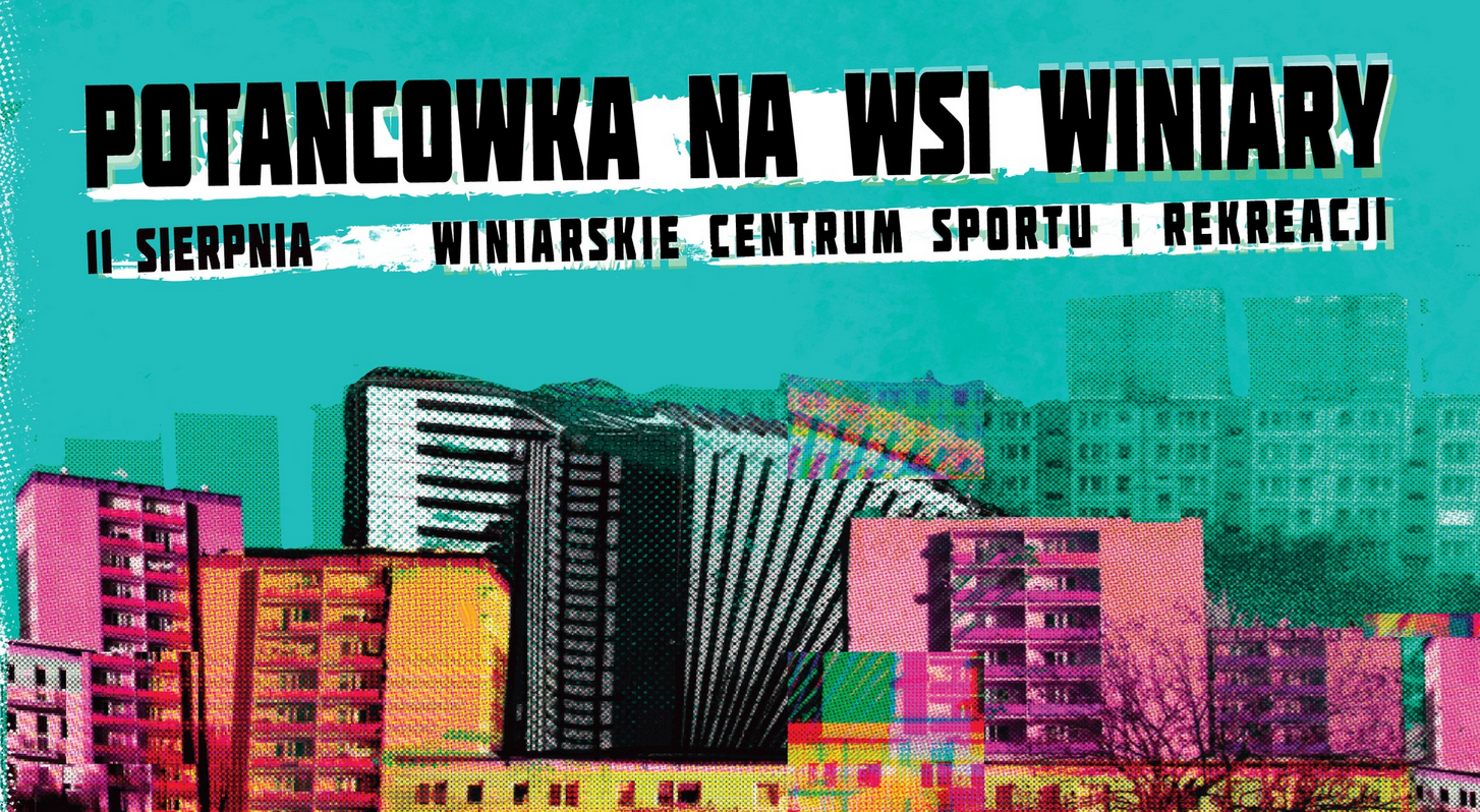 Plakat, zdjęcie kolorowych bloków, na które nałożono filtr niebieski, jeden blok zamieniono na olbrzymi akordeon, w górnej części napisy informujące o wydarzeniu.