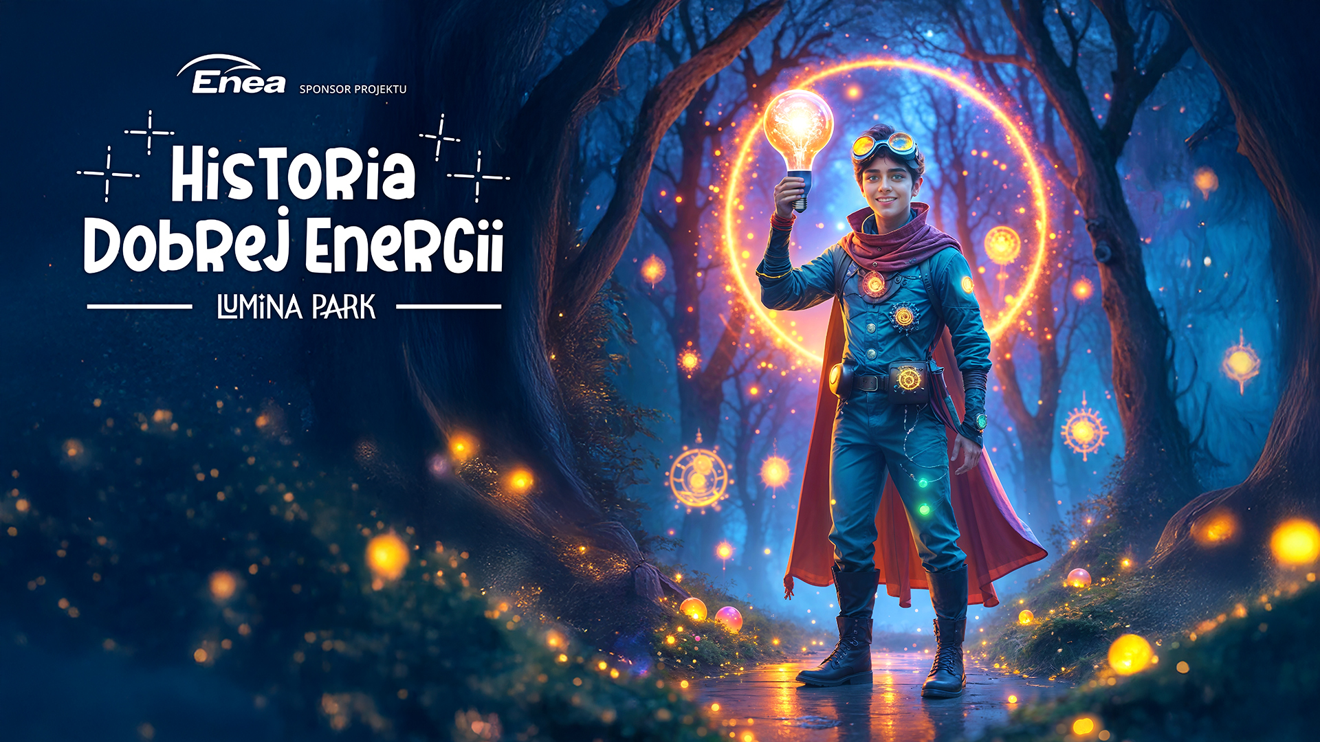 Grafika z chłopcem ubranym w strój Dr. Strange'a z filmów Marvela. Na sobie ma niebieski kombinezon i czerwoną pelerynę. W uniesionej ręce trzyma zapaloną żarówkę. W tle rozświetlony las.