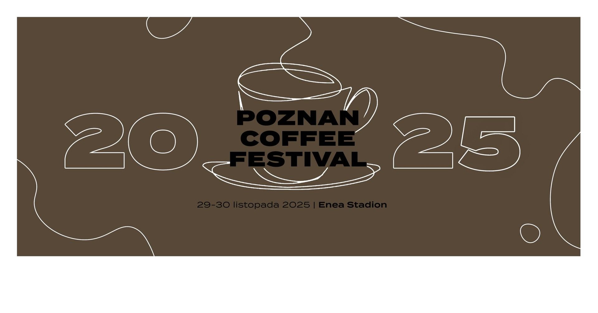 Na brązowym tle grafika filiżanki z kawą.