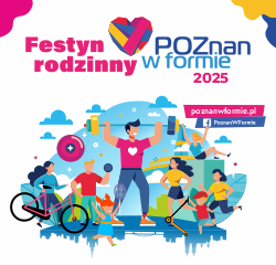 "Festyn rodzinny Poznań w formie 2025". Kobiety, mężczyźni i dzieci uprawiają różne sporty: podnoszenie ciężarów, biegi, rower, gra w piłkę.