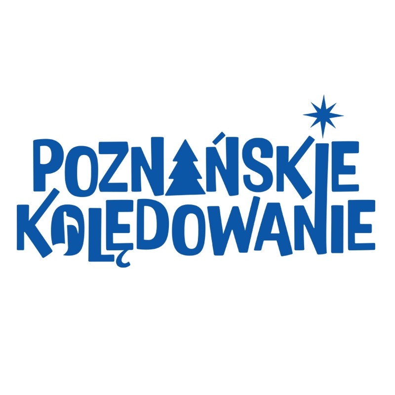 Na biały tle ozdobny niebieski napis "Poznańskie Kolędowanie".