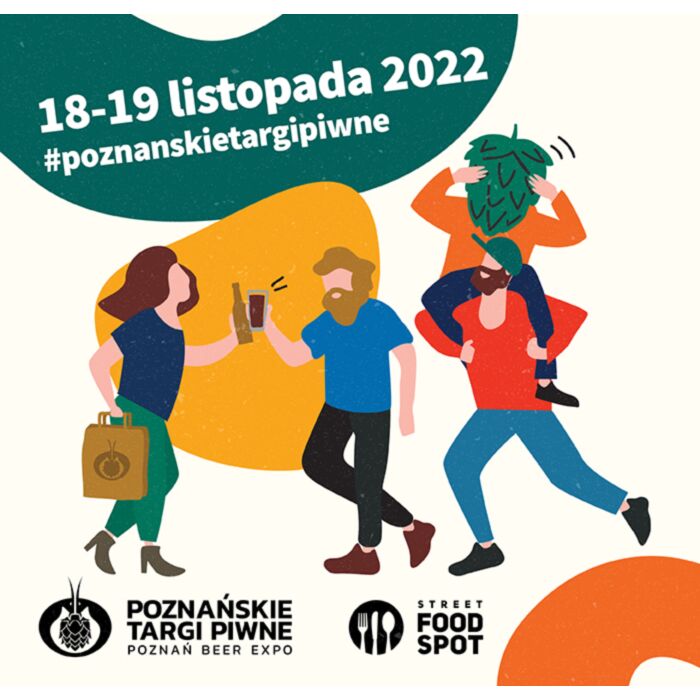 Obrazek przedstawia plakat promujący Poznańskie Targi Piwne 2022. Znajduje się na nim para, stukająca się szklanką i butelką. Poza tym, po jego prawej stronie znajduje się mężczyzna niosący na barana humanoidalną postać, posiadającą szyszkę chmielu w miejscu głowy.