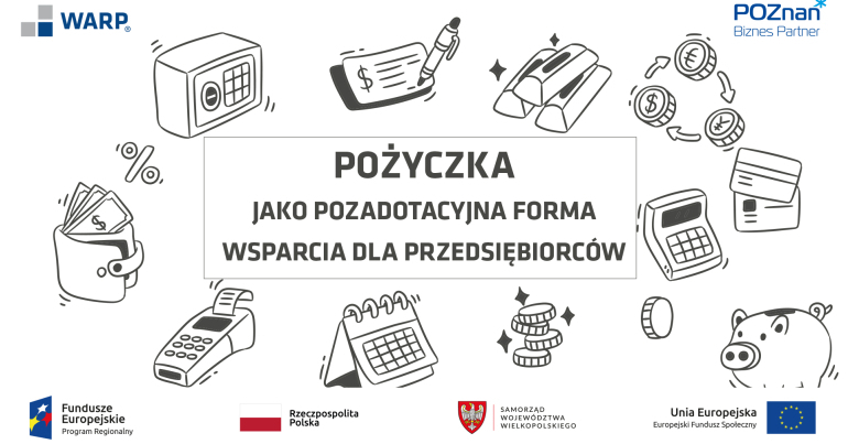 Grafika promocyjna bezpłatnego szkolenia pod tytułem "Pożyczka, jako pozadotacyjna forma wsparcia dla przedsiębiorców", szkolenie odbędzie 24 listopada 2023 r. na platformie Zoom.