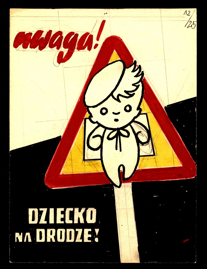 Jedna z prac artysty Henryka Derwicha. Dziecko w kapelusiku na znaku drogowym.
