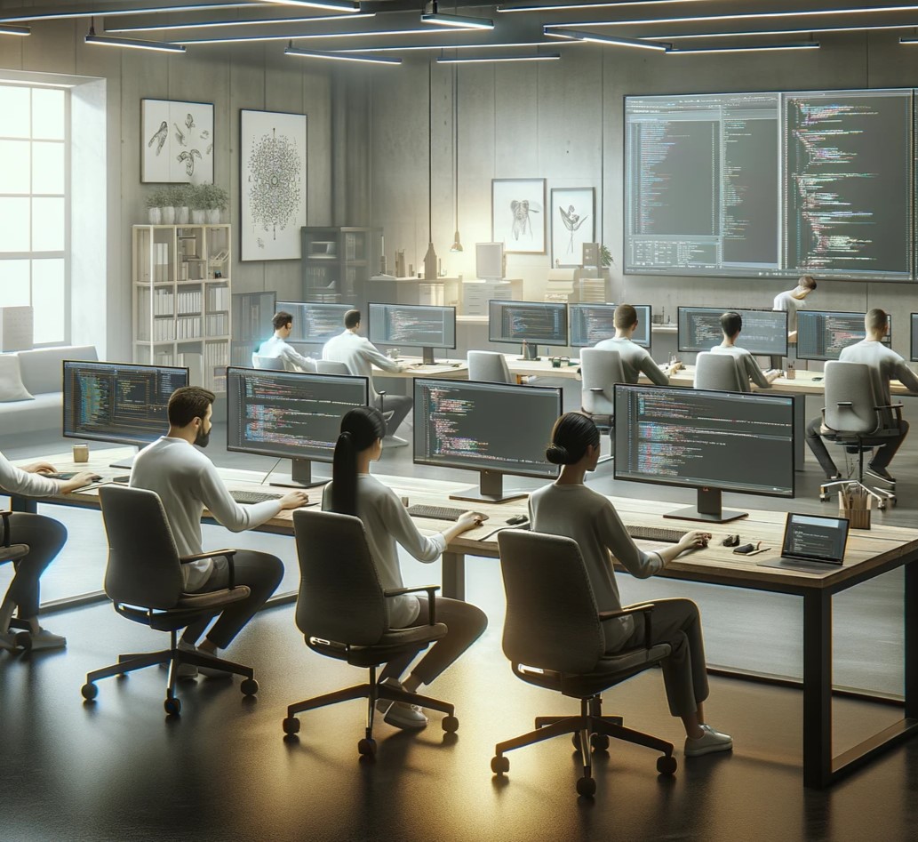 To zdjęcie zostało zrobione za pomocą sztucznej inteligencji DELL-E. Nie ma wyraźnych granic, ale są bardzo gładkie. Pokazuje ludzi siedzących przy komputerach.