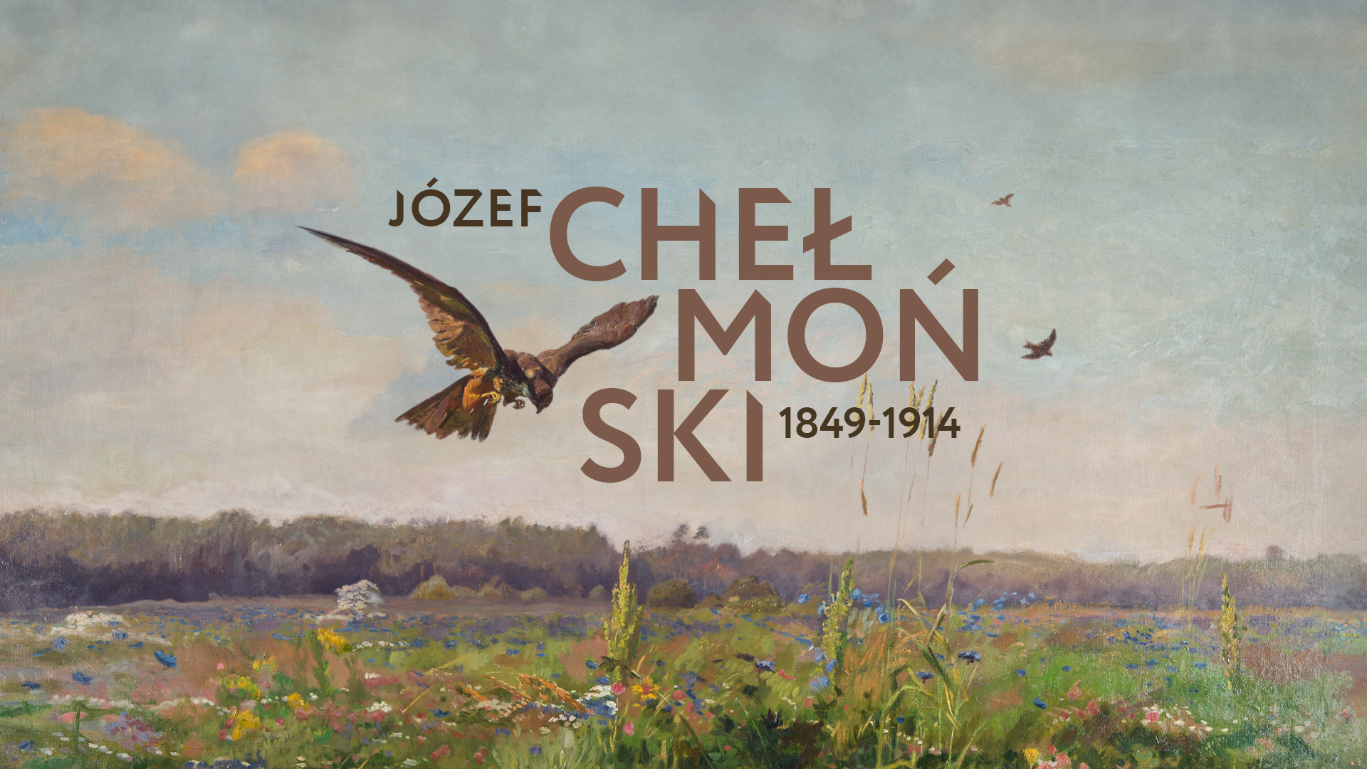 Obraz Józefa Chełmońskiego, a na nim napis Józef Chełmoński 1849-1914. Na obrazie łąka z kwiatami a nad nią drapieżny ptak.