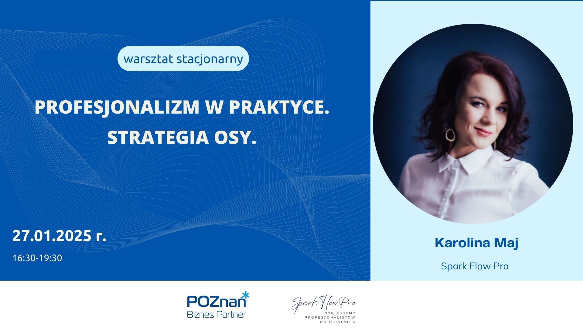 Grafika promująca wydarzenie. Na niebieskim tle zdjęcie kobiety.