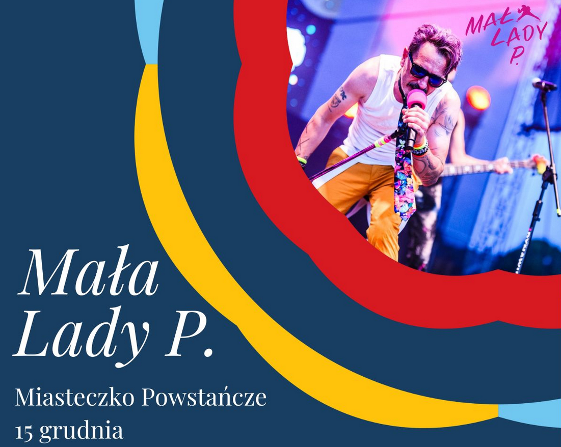 Plakat promujący koncert na miasteczkowej scenie. W prawym, górnym narożniku zdjęcie koncertowej sceny z wokalistą. Granatowe tło, obok czerwone, żółte i niebieskie wstęgi.