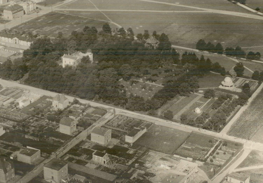 Zdjęcie z lotu ptaka, zabudowania miejskie wśród zieleni.