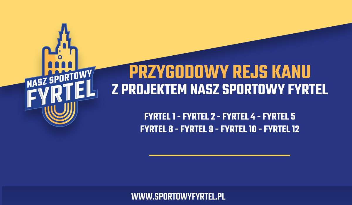Żółto-granatowe tło. Po lewej logo "nasz sportowy fyrtel" który składa się z napisu, ikony ratusza i części toru biegowego. Po prawej napis "Przygodowy rejs kanu z projektem Nasz Sportowy Fyrtel".