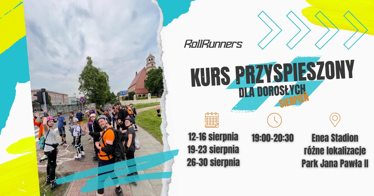 Grupa młodych ludzi na rolkach z ubranymi kaskami i ochraniaczami. Podróżują ściezkami po Poznaniu. W tle Politechnika Poznańska.