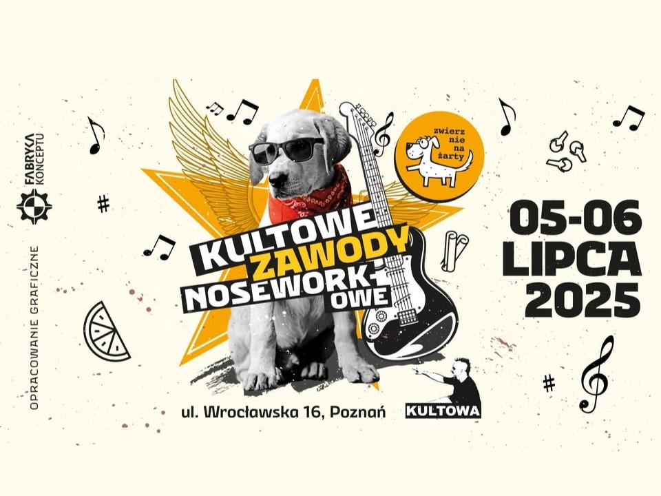 Informacje o zawodach dla psów, w centrum pies w ciemnych okularach i bandanie siedzi obok gitary elektrycznej.