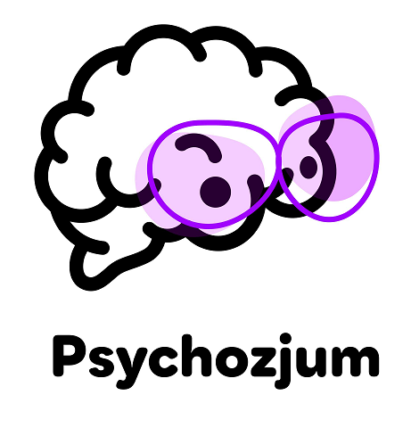Rysunek mózgu w różowych okularach z podpisem "Psychozjum".