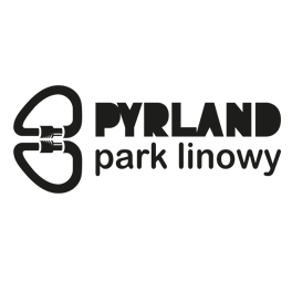 Czarny napis pyrland park linowy na białym tle.