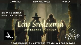 Plakat, grupa osób idzie ciemnym lasem, napisy informujące o wydarzeniu.