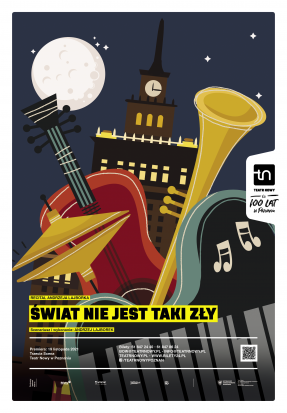 Plakat wydarzenia - rysunek kilku instrumentów muzycznych na tle budynku z wieżą i zegarem. Na dole plakatu informacje o recitalu.