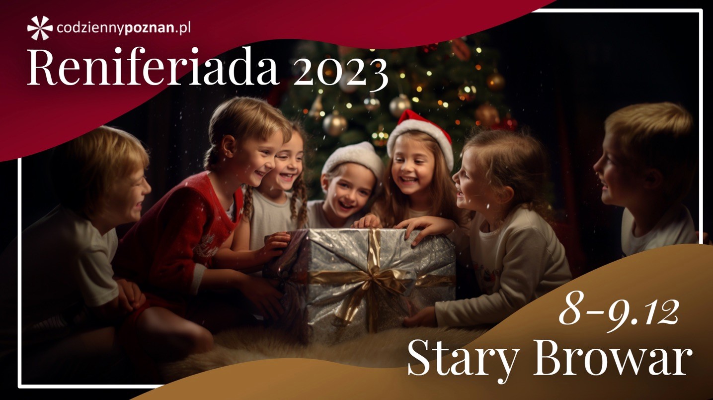 Plakat z dziećmi, które trzymają prezent. Mają świąteczne czapki.