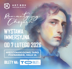 Plakat, który reklamuje wystawę immersyjną - Romantyczny Chopin. Obraz młodego artysty a na nim szczegółowe informacje o wystawie, które zawart są w treści informacji.