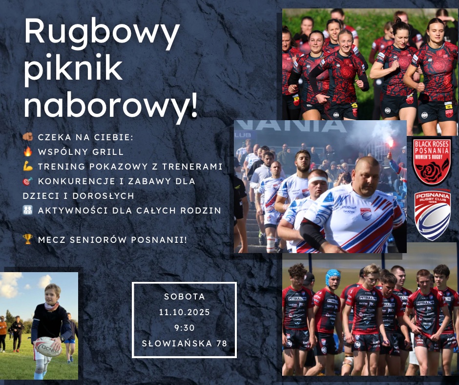 Zdjęcia z uprawniania dyscypliny rugby, z zawodnikami i zawodniczkami, informacje o festynie połączonym z naborem do drużyny.