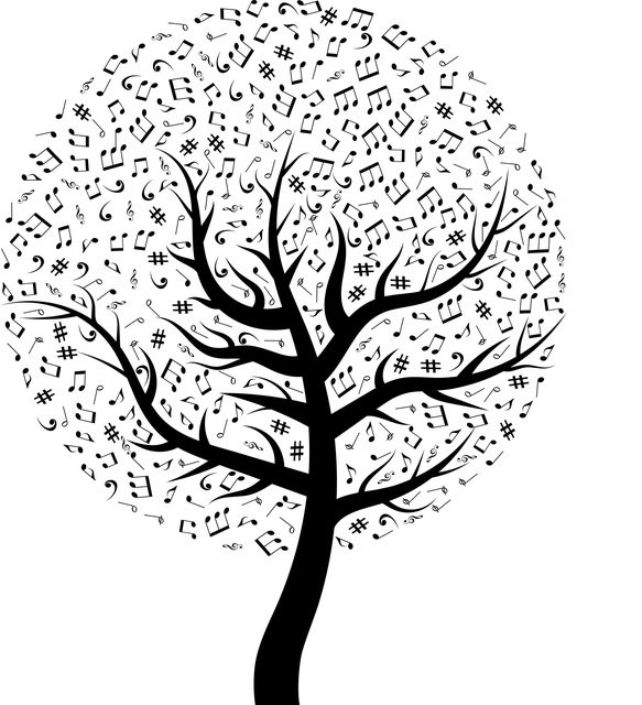 Drzewo z nutkami zamiast liści - rysunek czarno biały.