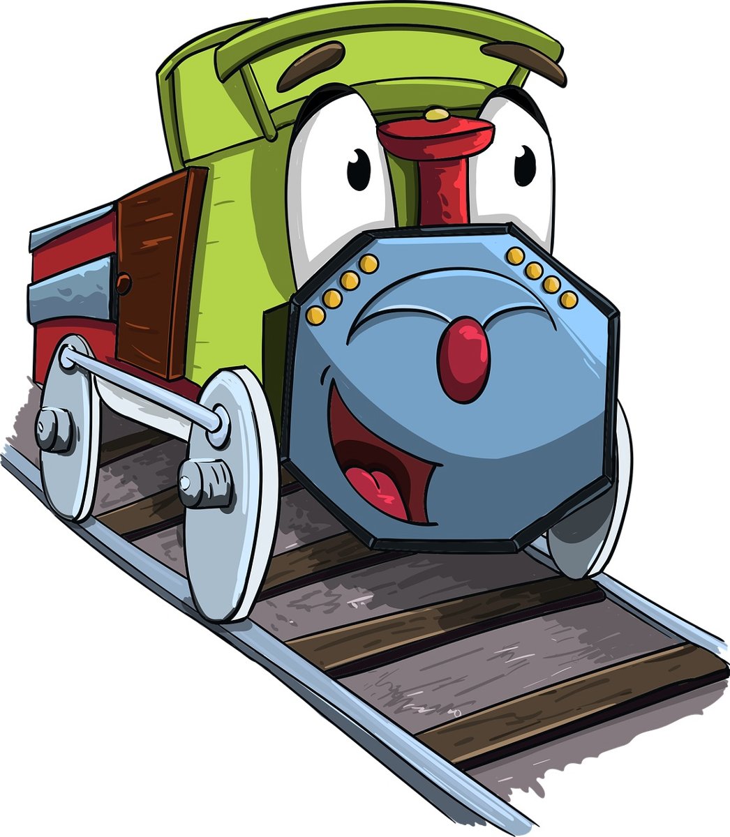 Rysunek uśmiechniętej zielonej lokomotywy na torach.