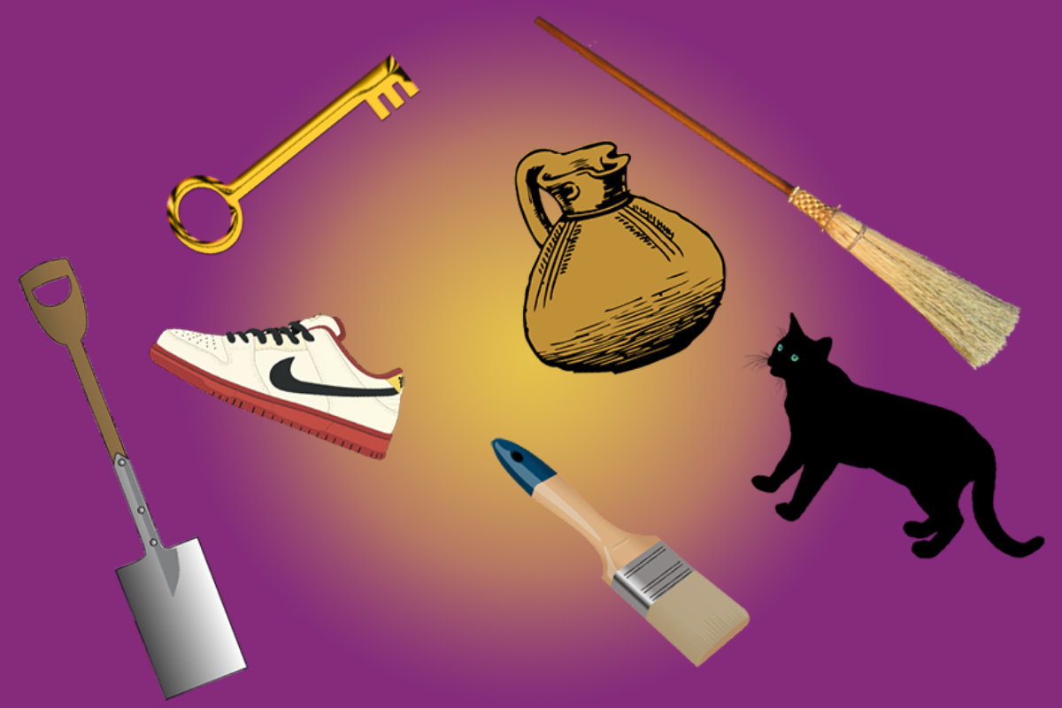 Na fioletowym tle dzbanek, but nike, czarny kot, mioptła klucz, łopara i pędzel.