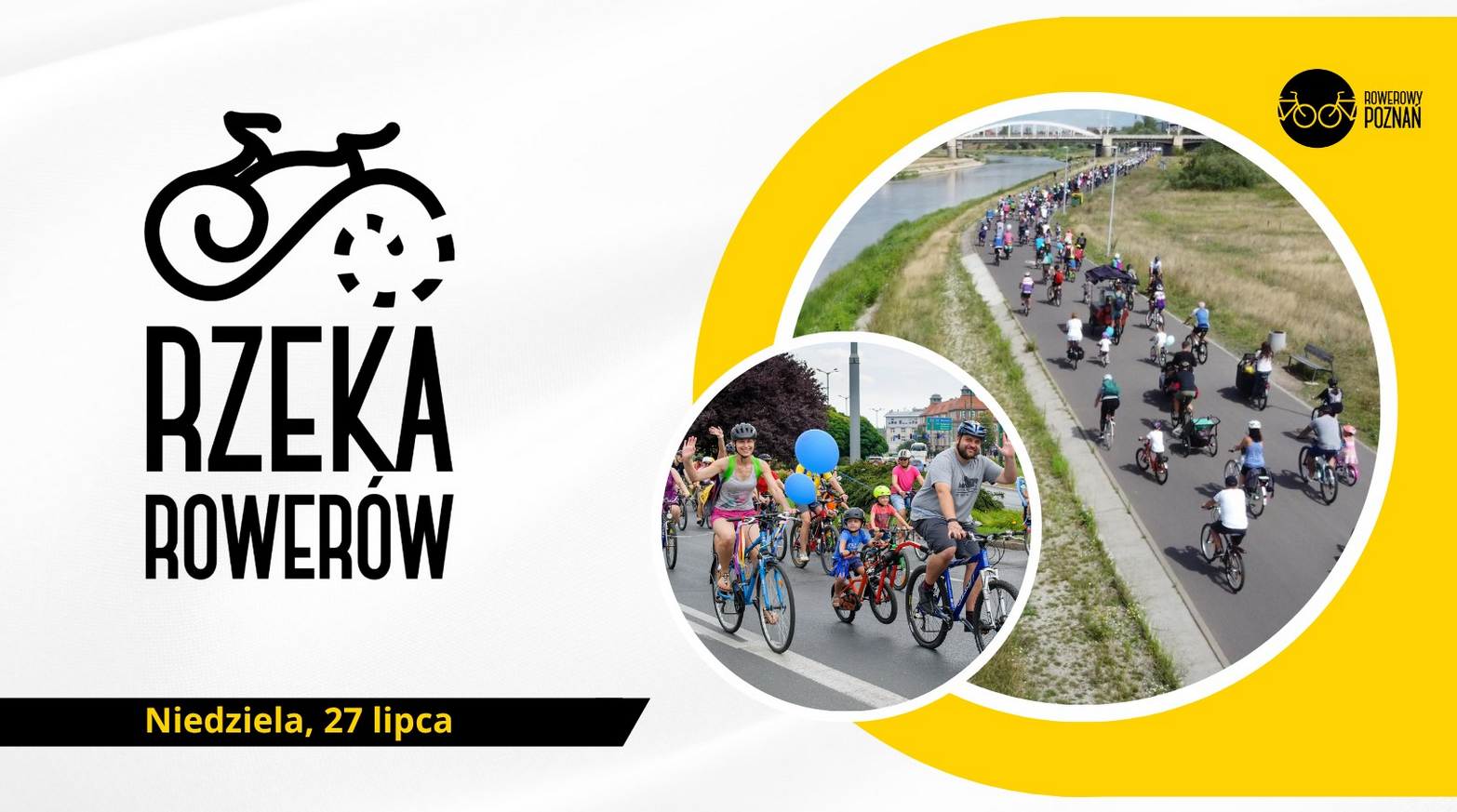 Plakat, który reklamuje Rzekę Rowerów. Po lewej stronie napis Rzeka Rowerów, a nad nim abstrakcyjny rysunek roweru, po prawej stronie kolarz zdjęć z rowerzystami.