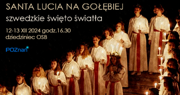 Artyści w długich białych szatach, przepasanych czerwonymi wstążkami, w dłoniach trzymają świeczki. Z boku napisy informujące o wydarzeniu.