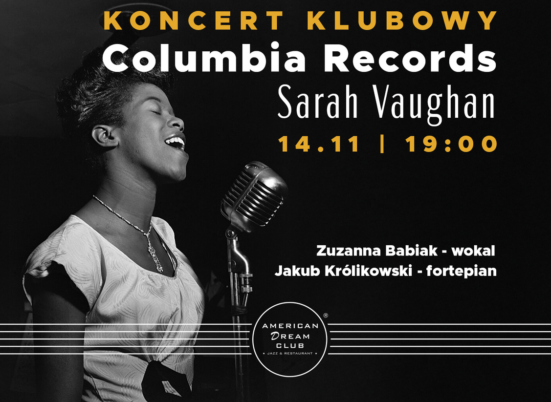 Plakat koncertu Sara Vaughan - koncert jej pamięci ze zdjęciem wokalistki i informacjami, które zawarto w treści artykułu.