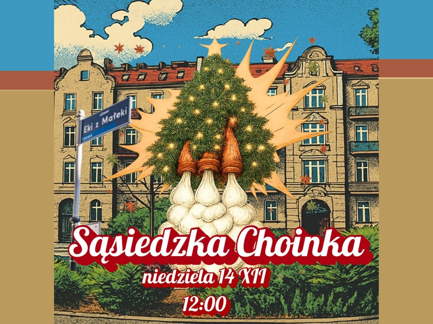 Choinka na miejskim skwerze startuje rakieta do nieba.