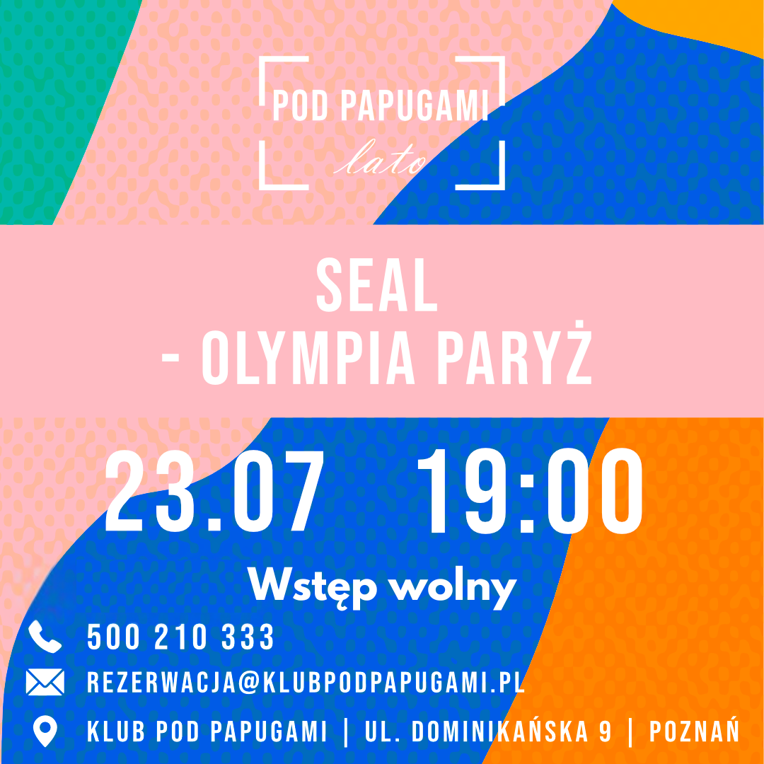 Plakat, który reklamuje Seal Olympia Paryż - koncert na żywo, tło składające się z różnych figur geometrycznych o różnych wzorach i kolorach a na nim napisy, które informują o wydarzeniu.
