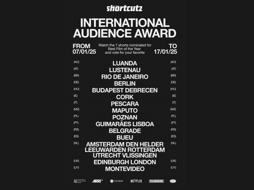 Biały tekst na czarnym tle, z kolejnymi lokalizacjami i terminami festiwalu filmów krótkometrażowych Shortcutz Amsterdam.