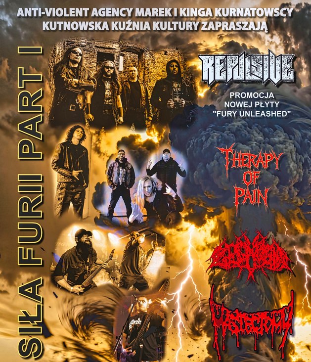 Plakat koncertowy w metalowym klimacie: zespoły wśród burzowych chmur, ognia i błyskawic; zapowiedź wydarzenia "Siła, Furia i Party" z udziałem Rebisite, Therapy of Pain i innych.