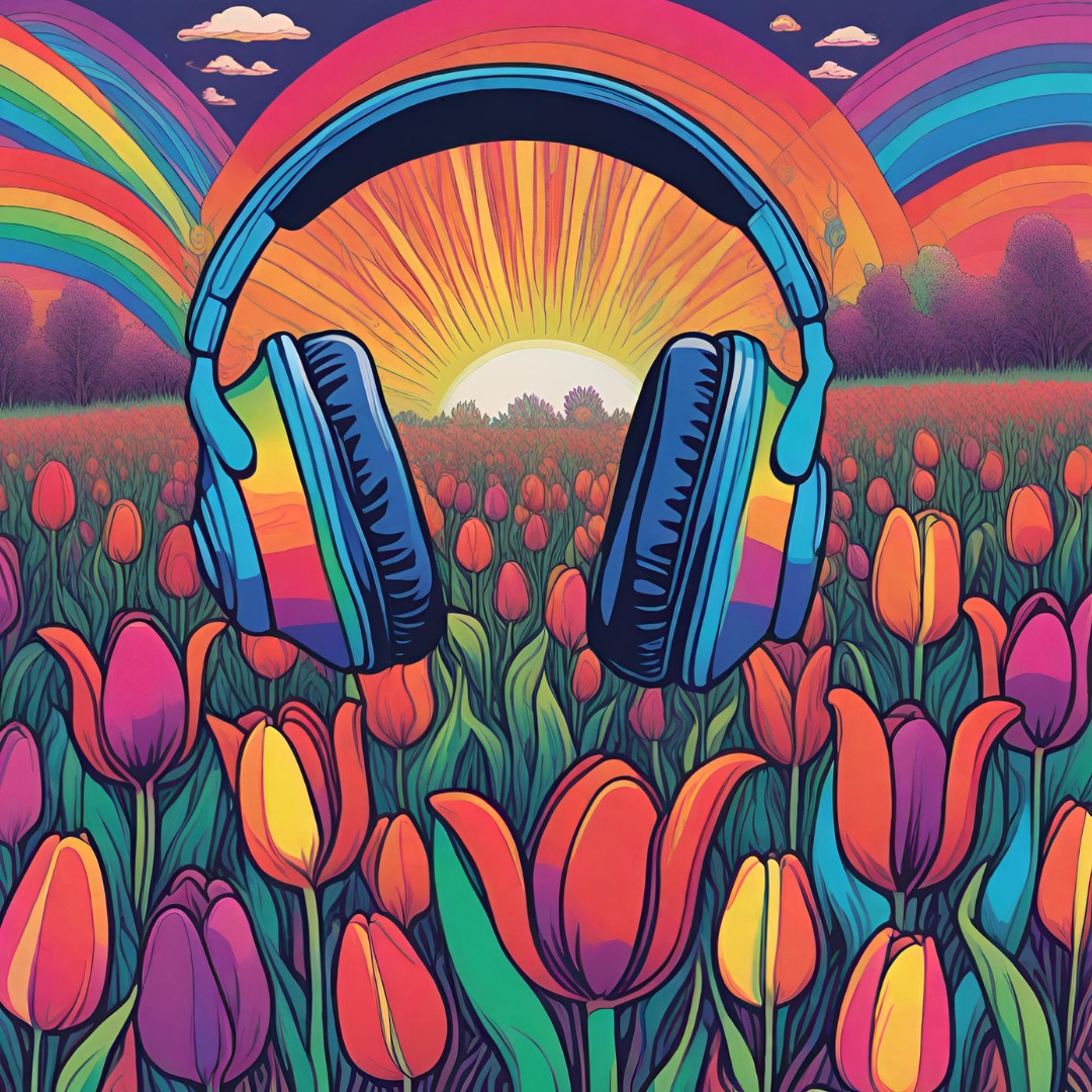 Kolorowa grafika przedstawia słuchawki, które wiszą nad polem tulipanów. W tle wschód słońca i drzewa.