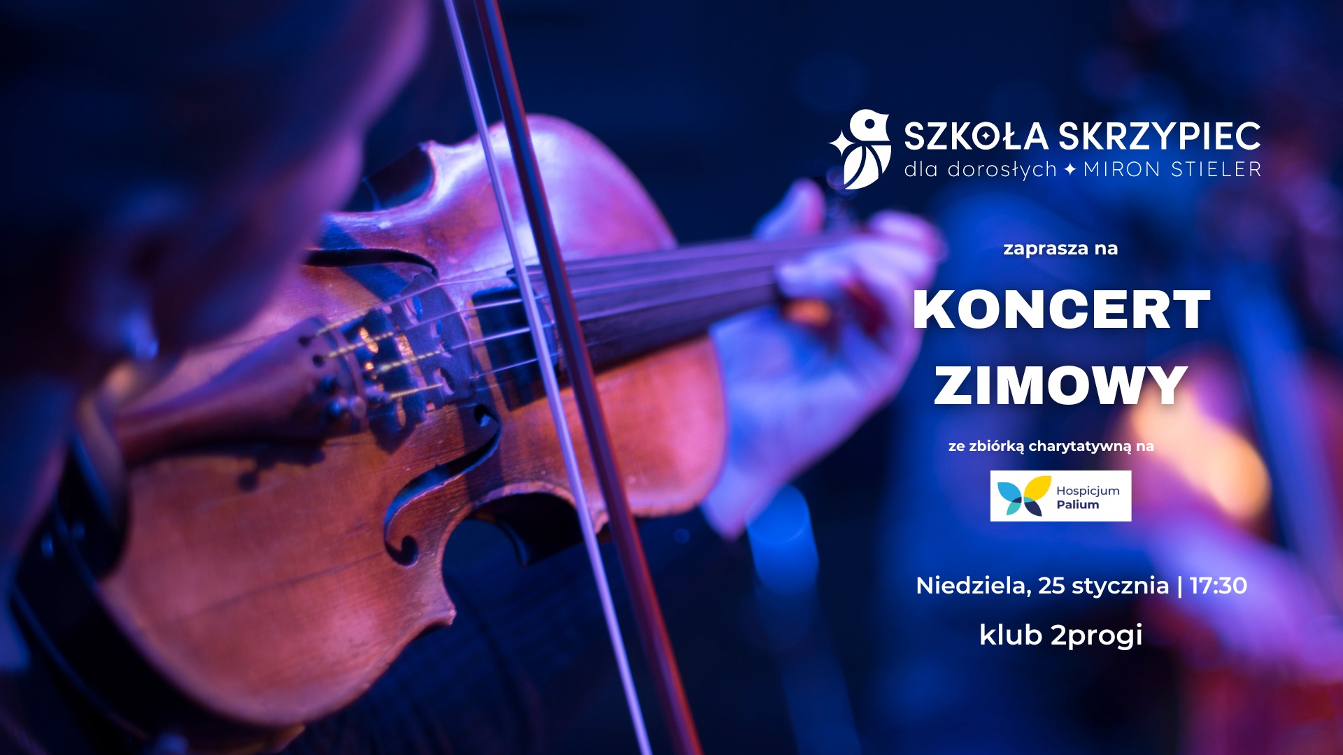 Osoba gra na skrzypcach, informacje o koncercie.