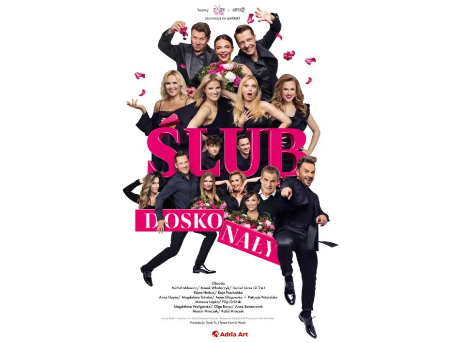 Grupa aktorów i aktorek na plakacie spektaklu o tytule Ślub doskonały.