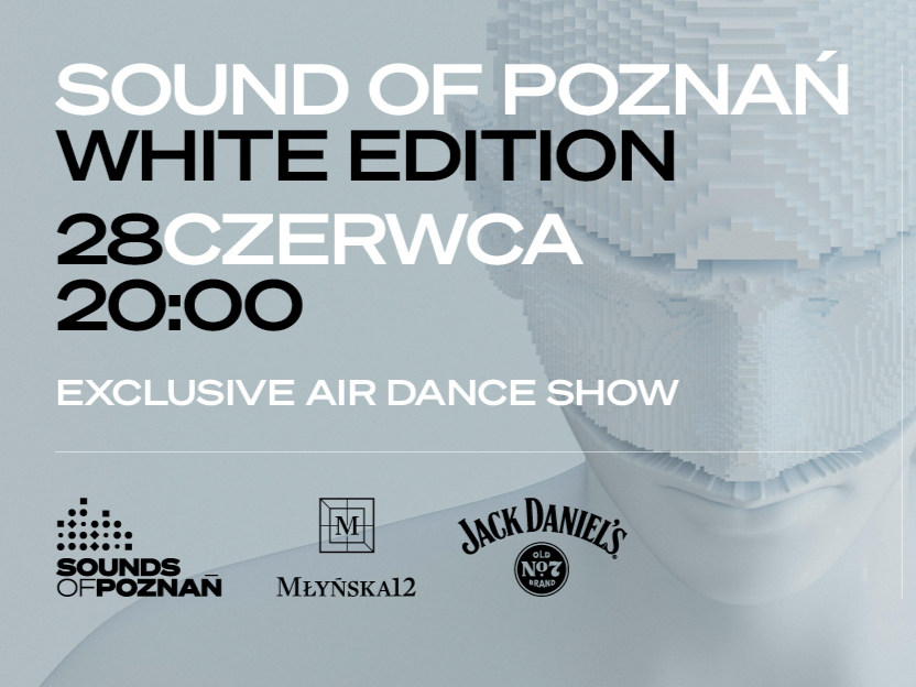 Komputerowa grafika białej istosty podobnej do człowieka, na białym tle, informacje o wydarzeniu muzycznym.