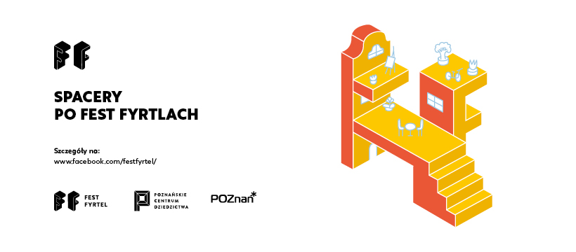 Obraz przedstawia reklamę graficzną lub plakat składający się z białego tła i dwóch głównych elementów. Po prawej stronie znajduje się trójwymiarowa ilustracja utrzymana w żółto-pomarańczowej tonacji, przedstawiająca stylizowane budynki lub platformy ze schodami, oknami i roślinami na dachu. Ta część obrazu jest wypełniona zabawnym i nowoczesnym designem, dającym poczucie dynamicznej i ciekawej przestrzeni.