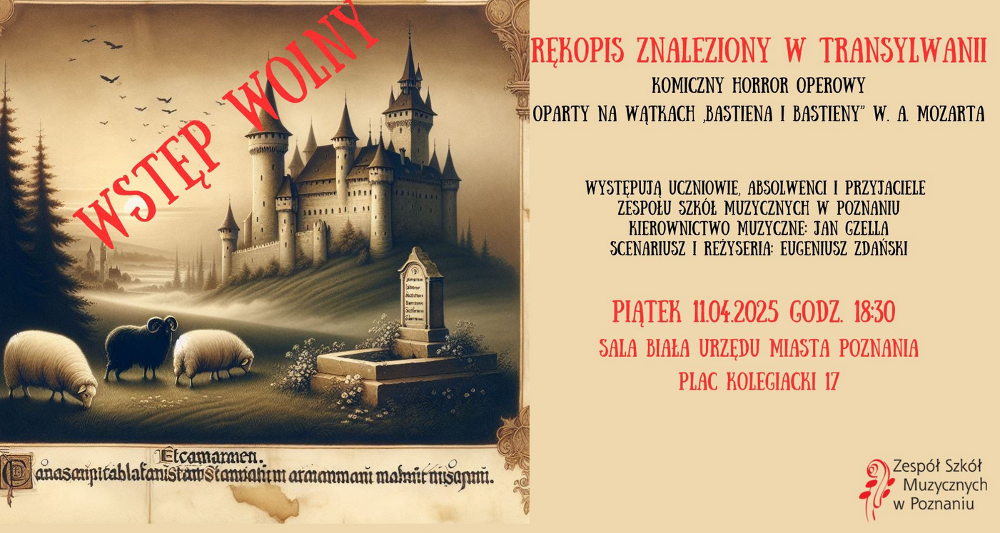 Na grafice po lewej stronie widnieje klimatyczna ilustracja średniowiecznego zamku w otoczeniu owiec i nagrobka, podkreślająca baśniowo-gotycki nastrój wydarzenia. Obok napisy, któe informują o wydarzeniu.
