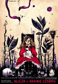 Plakat przedstawienia - rysunek dziewczynki w czerwonej sukience, która siedzi na krześle i trzyma na kolanach królika.