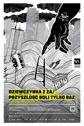 Plakat z informacjami o spektaklu i czarno-biała abstrakcyjna grafika.