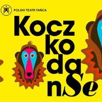 Plakat przedstawiający kolorowy rysunek głowy małpy na żółtym tle oraz tytuł przedstawienia