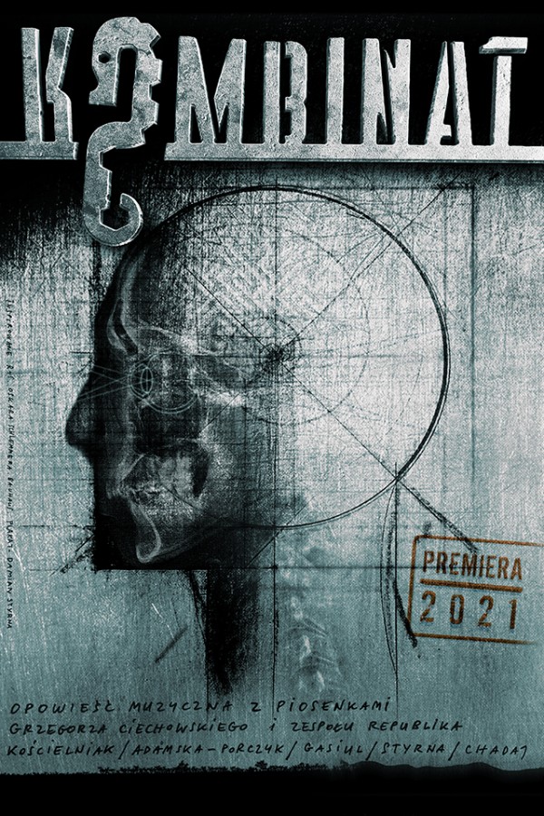 Plakat ze spektaklu: rysunek głowy z profilu w niebiesko-szarych kolorach oraz napis - tytuł przedstawienia.