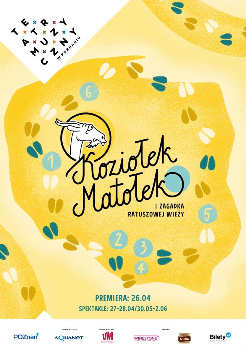 Plakat przedstawienia - rysunek przedstawiający głowę Koziołka Matołka na tle konturu mapy Polski w żółtych kolorach.