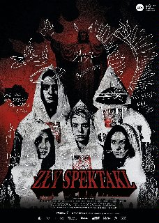 Obrazek przedstawia plakat promujący spektakl o tytule zły spektakl. Znajduje się na nim kilka postaci ubranych w biało czerwone peleryny przeciwdeszczowe z herbem Polski na piersi.