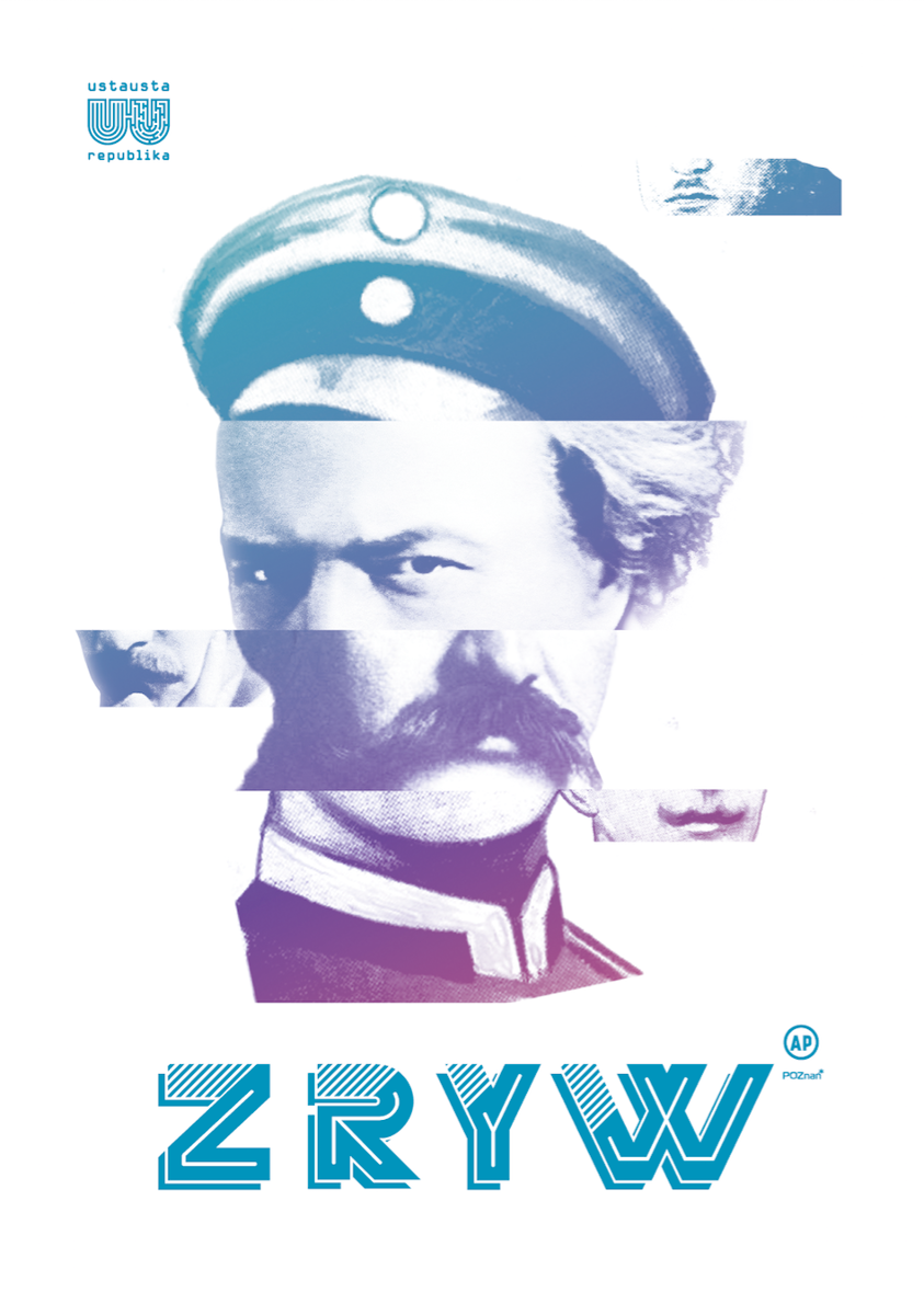 Plakat - zdjęcie twarzy mężczyzny lub kilku mężczyzn podzielone na kilka pasków.