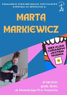 Plakat, zdjęcie autorki książki, dookoła napisy informujące o wydarzeniu.