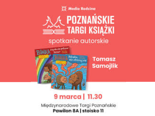 Informacje o spotkaniu z autorskim na targach książki, grafika z książkami.