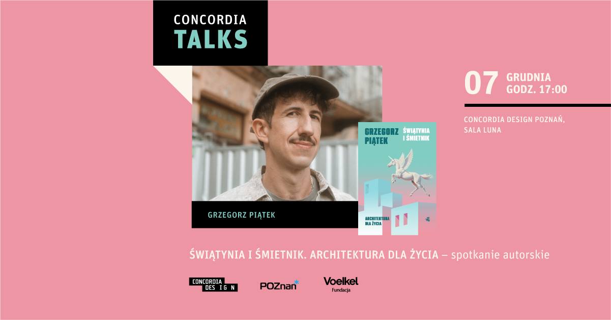 Plakat informujący o spotkaniu autorskim z Grzegorzem Piątkiem, zdjęcie mężczyzny na różowym tle.