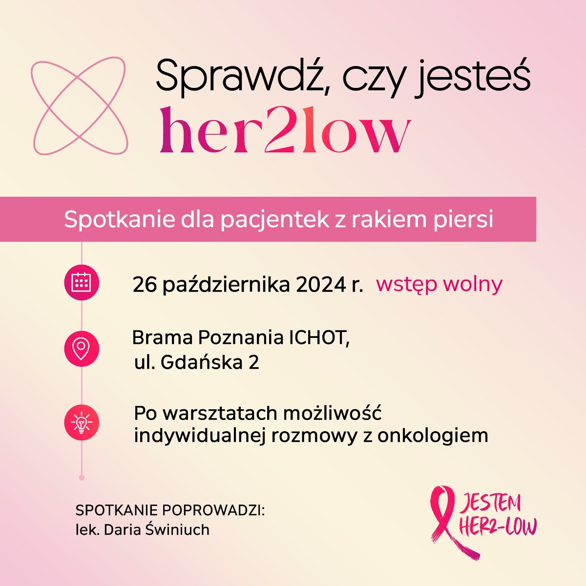 Plakat w różowej kolorystyce, napisy informujące o wydarzeniu